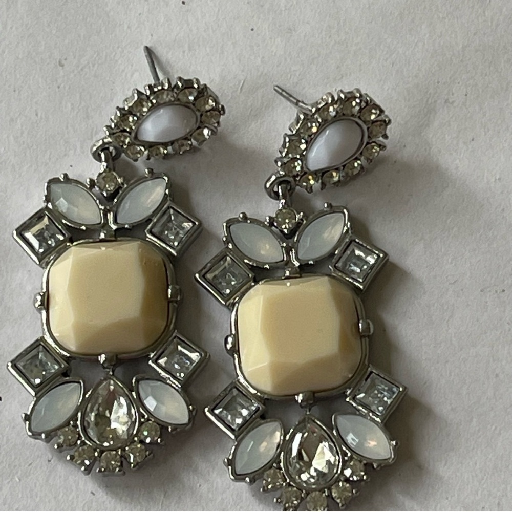 Ivory and Silver Dangle Earrings with Crystal Accents - Picture 1 of 4